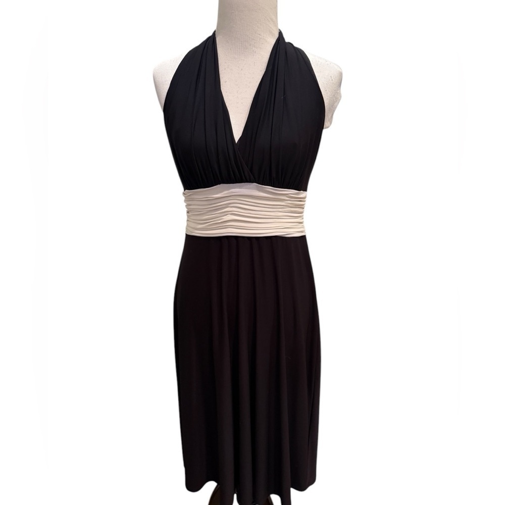 Evan Picone Midi A-Line Halter Dress Size 8 Women’s Black Ivory Knit Sleeveless